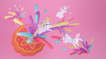 Fototapeta na wymiar A cute rabbit running on mooncakes