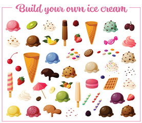 Cute vector illustration of various items needed to build your own custom DIY Ice cream, including cones, scoops, fruits, toppings and sauces.