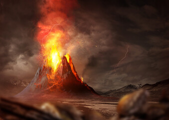 Obraz premium Massive Volcano Eruption. A large volcano erupting hot lava and gases into the atmosphere. 3D Illustration.