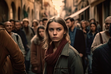 Fototapeta premium depressed girl walking down an old city street in a crowd 