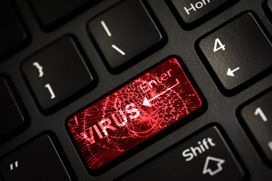 Message on broken red enter key of keyboard. Computer virus attack. Copy space