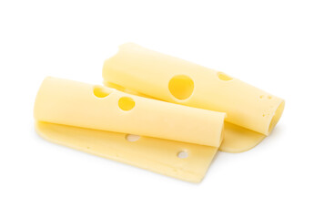 Slices of tasty Swiss cheese on white background