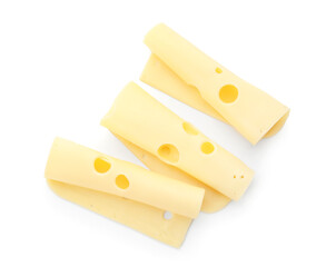 Slices of tasty Swiss cheese on white background
