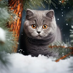 British Shorthair kitten playing in snow