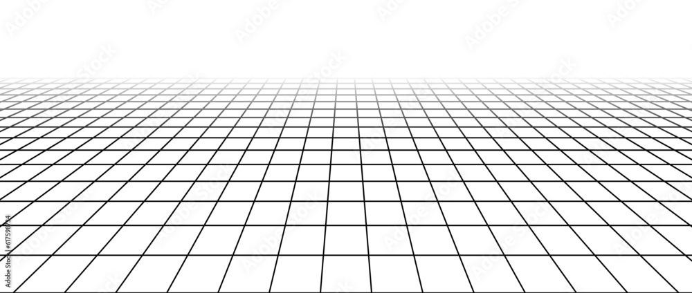 Aufkleber abstract flat wireframe grid. vanishing checkered floor landscape. horizontal chessboard plane fadin