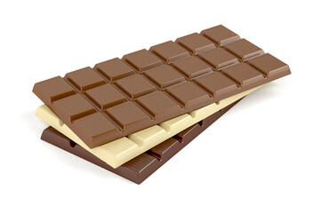 White, brown and dark chocolate bars on white background