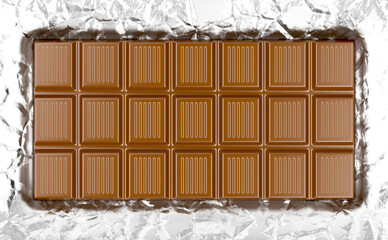 Milk chocolate bar on wrinkled aluminum foil