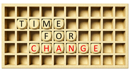 3d rendering of a wooden grid with cubes and the message time for change