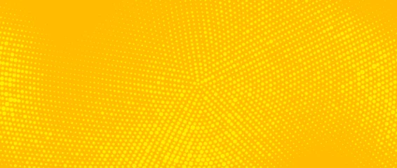  Yellow radial halftone background. Retro comic grain pixel texture. Pixelated dots cartoon wallpaper. Pop art fading wavy gradient pattern. Vector vanishing gritty backdrop. © vika_k