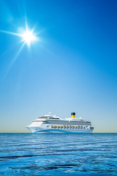 3d illustration of a white cruise ship in front of the clear blue sky