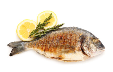 Tasty grilled dorado fish with lemon on white background