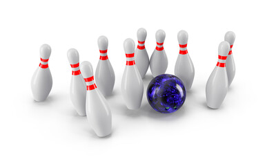 Bowling Ball crashing into the pins isolated on white background. With shadow. Perspective view. For logo, advertising, wallpaper, print etc.