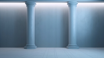横方向の照明を備えた柱のある美しいグレーブルーの空の壁。製品プレゼンテーションのミニマルな背景GenerativeAI