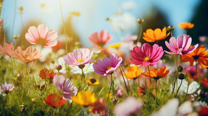 Obraz na płótnie Canvas 屋外の自然の日当たりの良い庭のカラフルな美しい色とりどりの花ジニア春夏GenerativeAI
