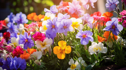 屋外の自然の日当たりの良い庭のカラフルな美しい色とりどりの花ジニア春夏GenerativeAI