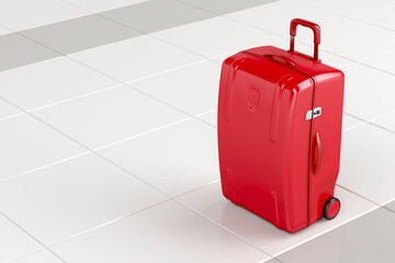 Red travel bag on tile floor
