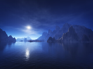 Fototapeta na wymiar 3d rendering of a dark blue fantasy landscape