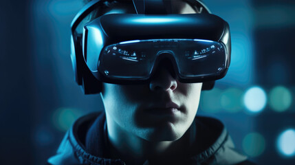 Futuristic Person Wearing Virtual Reality Headset Oculus in the Nature World Gamer Generative AI