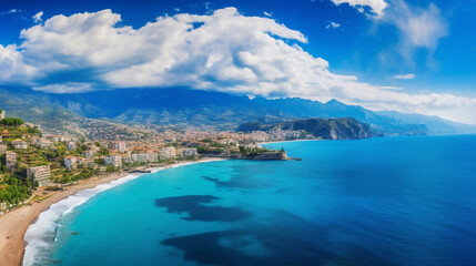 Fototapeta na wymiar 山、海、雲と青い空を背景にした地中海のリゾート地アランヤのパノラマの美しい景色GenerativeAI