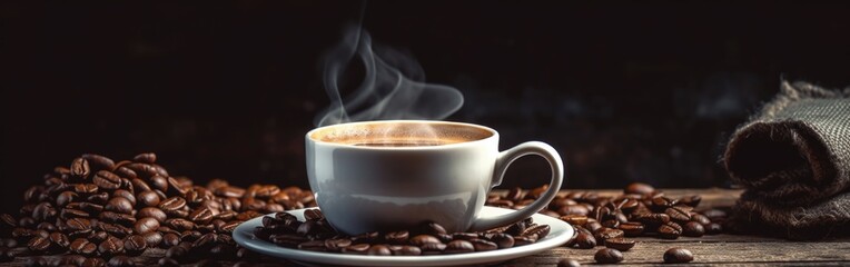 Aromatic Delight: White Cup of Hot Coffee on a Wooden Table, Surrounded by Coffee Beans - Generative AI