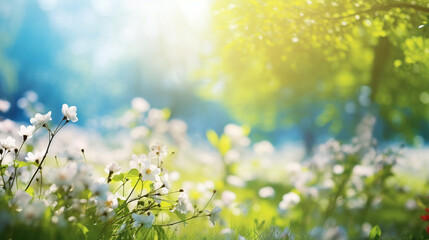 晴れた日に咲く空き地、木々、青い空を持つ、美しいぼやけた春の背景GenerativeAI
