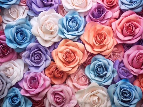 Flowers wall background with colorful rose flower made from paper crowding in the frame, in the style of an aerial view. Generative AI
