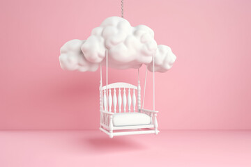 A chair rests beneath a picturesque sky filled with fluffy clouds, set against a soft pink background, .relaxing and daydreaming. generative AI.