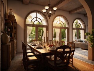 Fototapeta premium Wide angle view of dining room in Mediterranean style and dining sets, view outside through arched windows. Generative AI