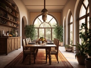 Fototapeta na wymiar Wide angle view of a 3D model dining room for dining room Mediterranean style and dining sets in the style of warm. Generative AI