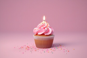 Delicious birthday cupcake on table on light background Generative AI