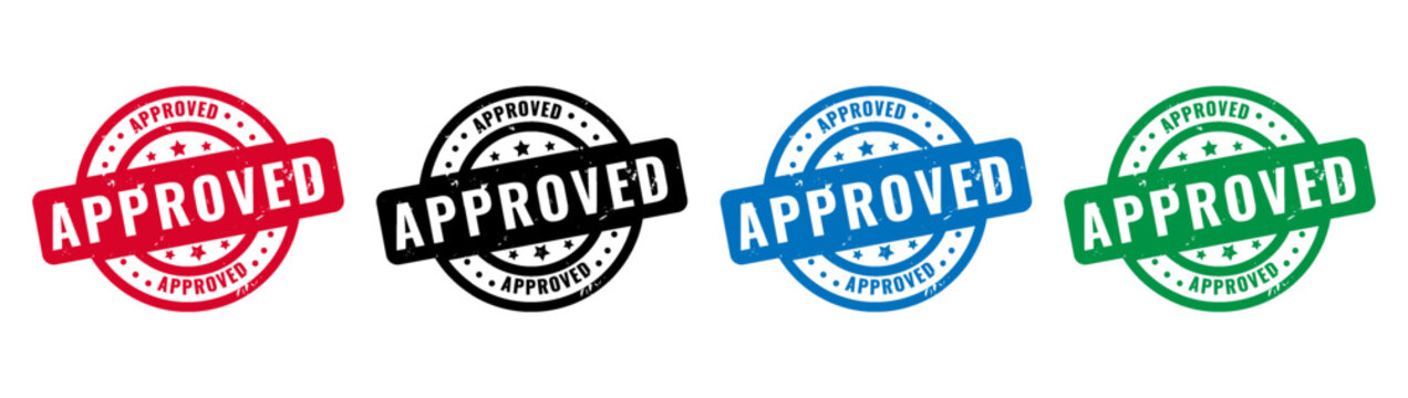 Approved stamp rubber grunge effect in red black blue green color.