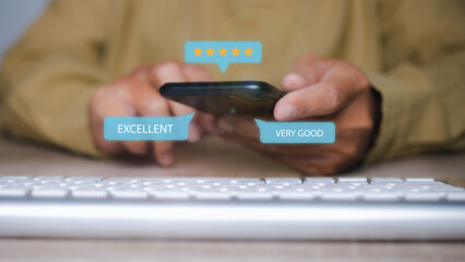 Customer satisfaction experience concept. Businessman giving high score with five golden stars rating satisfaction in service. rating very impressed. copy space.