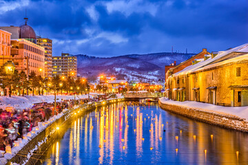 Otaru, Japan historic canals during the winter illumination.