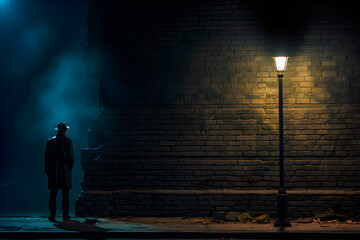 Man in front of brick wall at night illuminated by a street lamp. AI Generative.