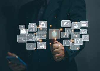 online safety concept. Businessman setting up mobile security to conduct various online transactions via mobile phone. Security encryption to prevent data theft from hackers. Cloud. Big Data.