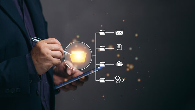 The concept of using online documents. Business people use online documents in various fields via mobile phone, cloud storage and big data.