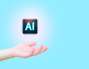 Artificial intelligence processor levitates in hand. AI development concept. Intelligent AI learning system for man development. Isolated on emerald green background.