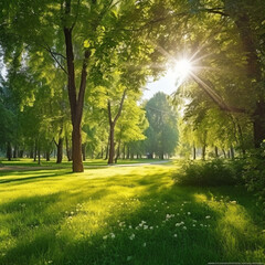 美しい春の背景。柔らかな日差しの中で、若くてジューシーな木の葉を通して緑の芝生がある自然公園GenerativeAI