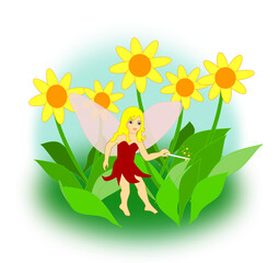 Obraz na płótnie Canvas A little fairy with a magic wand sitting between yellow flowers.