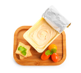 Plastic container with tasty cream cheese, tomatoes and croutons on white background