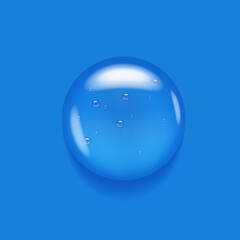 Gel serum drop top view. Transparent cosmetic oil texture on blue background. Liquid skincare realistic glycerin fluid.