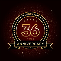 36th anniversary celebration logo design with a golden ring and ribbon, vector template