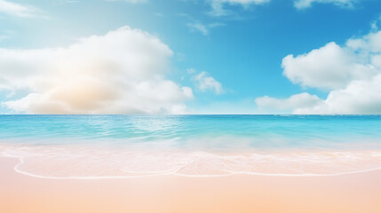 Fototapeta na wymiar 明るい晴れた日に金色の砂浜、ターコイズブルーの海、白い雲と青い空を持つ熱帯の夏のビーチ。夏休みのカラフルな風景GenerativeAI