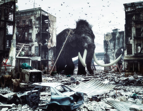 giant mammoth in destroyed city. creative concept. 3d concept. Noise added