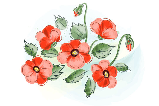 Vector illustration of beautiful gift card with red watercolor  poppies bouquet
