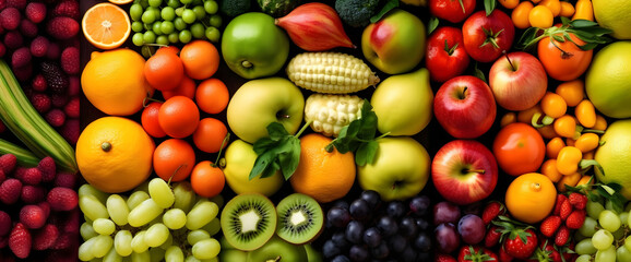Vibrant Fruit Mosaic: Fresh and Healthy Assortment Background, variety of fresh fruits, with each column presenting a different hue and type, symbolizing health and abundance - obrazy, fototapety, plakaty