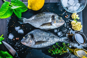 Fresh fish dorado top view. Spicy herb and vegetables. Spice on black stone board. Healthy food cooking.