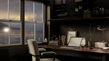 Modern dark loft home office with laptop, painting tools, and accessories on a wooden table