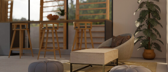 Interior design of a modern contemporary living room with copy space on a stylish coffee table