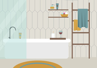 Bathroom interior with bathtub, mirror, towel and shelves. Flat style vector illustration.